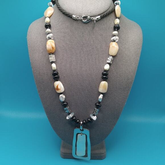 Chico's Long Beaded Necklace, Two Layer Pendant, Lucite Beads, Satin Cord, 34 In - Picture 2 of 13